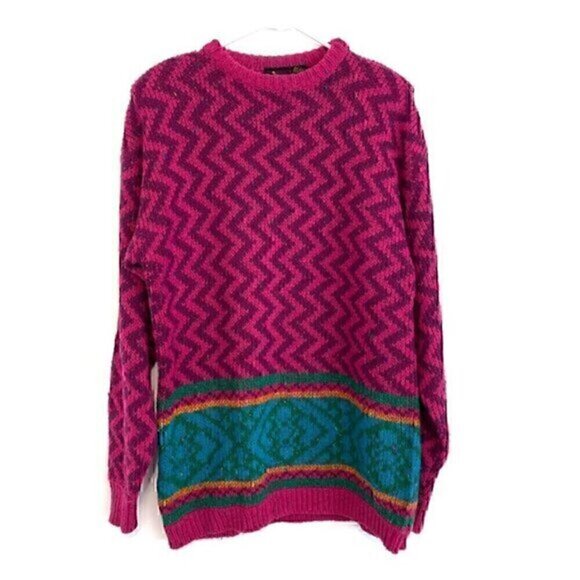 VINTAGE LIZ SPORT Magenta Pink Purple Chevron Stripe Tunic WOOL Blend Sweater M - Picture 1 of 10